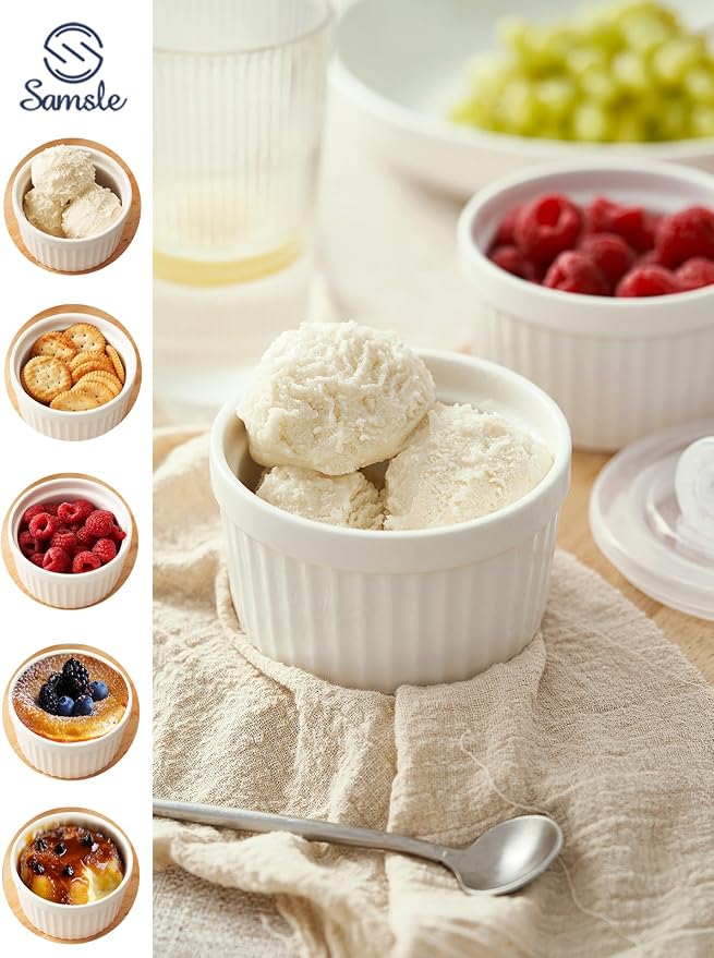 8 oz Ramekins Set of 6, Porcelain Ramekins Oven Safe,Small Souffle Dishes for Creme Brulee, Ice Cream, and Sauces, 4 inch White Mini Baking Bowls