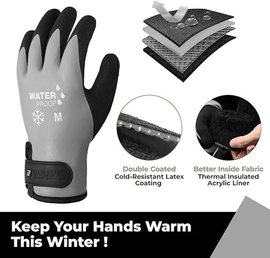 DULFINE 100% Waterproof Winter Work Gloves for Men and Women,Foam Latex Coated and Thermal Insulated Gloves for Cold Weather