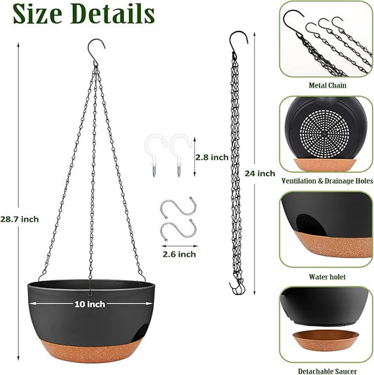 Hanging Planters for Outdoor Indoor Plants, 2 Pack 12 Inch Hanging Basket Plants Outdoor, Self Watering Hanging Planter with Plant Hanger for Garden Home Decoration (Black, 10 inch)
