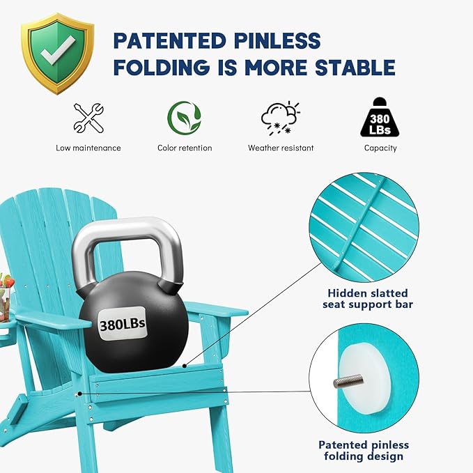 Plawdlik Folding Adirondack Chair, SGS Tested, Wooden Textured with Cup Holder, Heavy All-Weather HDPE Comfortable Set Poolside Backyard Lawn Aruba Blue Set 2