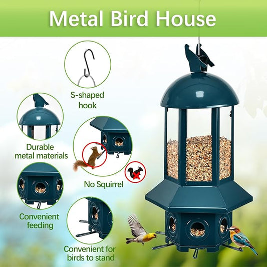Professional Squirrel Proof Bird Feeders Large Capacity 5.06 lbs, Reliable and Rust Resistant Metal Bird Feeding Station for Prevents Squirrels from Stealing Food and Easy Refilling Blue