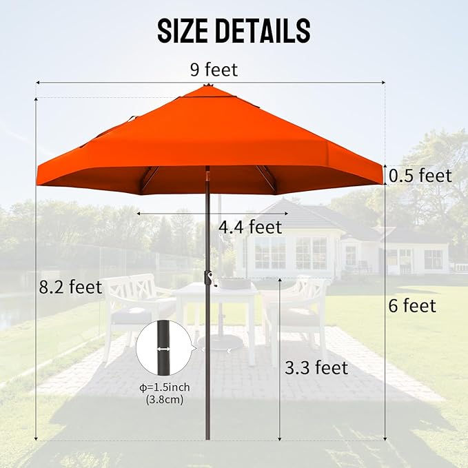 CROWN SHADES 9 Ft Patio Umbrella with Auto-Tilt & Olefin Fabric - Patented 90° Edge Connection Wind Resistant, Outdoor Umbrella for Table, Pool, Beach, Effortless Crank System