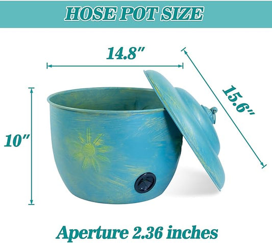 Vintage Blue Metal garden Hose Holder Storage Pot with Sunflower Decor,Holds up to 100ft Hoses.
