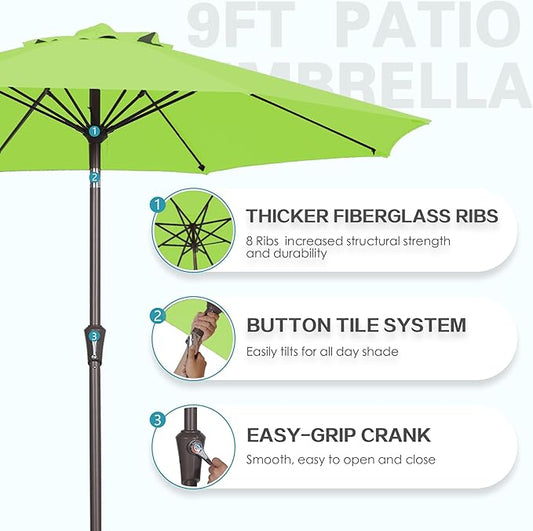 PatioKingdom 9FT Patio Outdoor Umbrella-UPF 50+ Sun Shade with Wind Vent, Push-Button Tilt & Smooth Crank Lift, Rust-Resistant Fiberglass Frame for Garden, Backyard,Yard (Apple Green, 9FT)