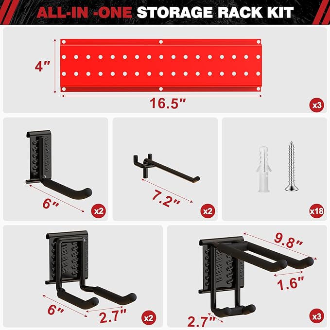 NattyDot Garage Tool Organizer Wall Mount 49.5inch With 9 Hooks,Shovel Holder Wall Mount Ski Rck for Garage Garden Tool Rack Heavy Duty(Red)