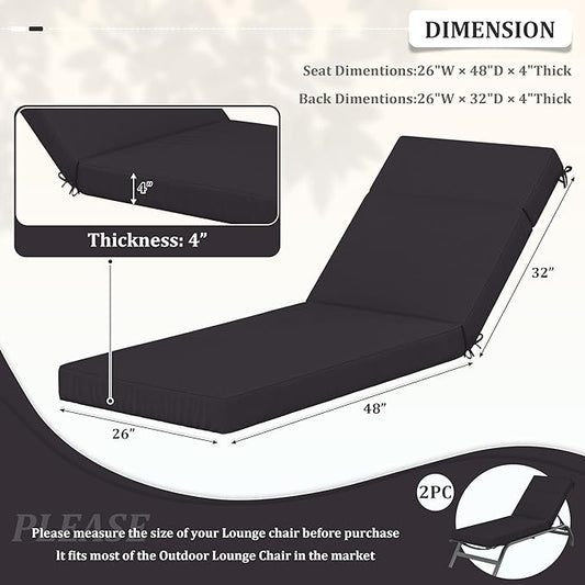 2 Pcs Chaise Lounge Cushions Outdoor, 80" L X 26" W X 4" D Lounge Chair Cushions for Outdoor Furniture, High-Density Foam Patio Chaise Cushion-Waterproof Fade-Resistant ThickPatio lounge chair cushion