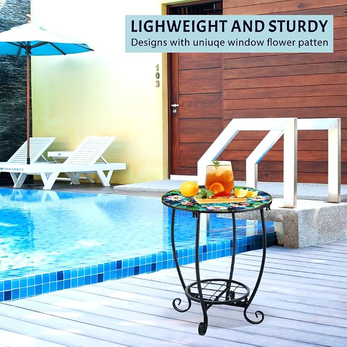 Outdoor Metal Side Table 13.3" W x 16.9" H Small Round Patio Table Printed with Butterfly Pattern for Balcony,Terrace,Garden