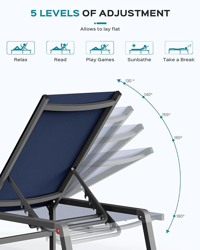 Patio Chaise Lounge Chair Set of 4, Foldable Lounge Chair for Outside, Aluminum Chairs with 5 Adjustable Backrest, Outdoor Pool Lounger for Poolside, Lawn, Deck, Navy Blue