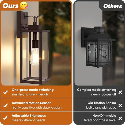 BesLowe 16” Upgraded Motion Sensor Outdoor Wall Lights, Dusk to Dawn Porch Lights Outdoor Wall Sconces, 3 Lighting Modes Exterior Lighting Fixtures with Hooks, Brown Outside Lights for House, 2-Pack