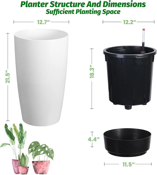 GarveeLife Set of 2 Tall Planters for Outdoor Plants, 22 in Large Planters for Outdoor Indoor Plants with Water Level Monitor & Inner Bucket, Automatic Watering, for Porch, Patio, Backyard, White