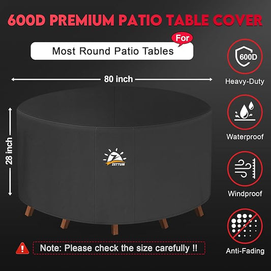 Zettum Round Patio Table Cover 80 Inch - 600D Outdoor Furniture Cover Round Waterproof & Heavy Duty, Large Lawn Furniture Set Covers for Outside Dining Table and Chairs Seating - 80 x 80 x 28 Inch
