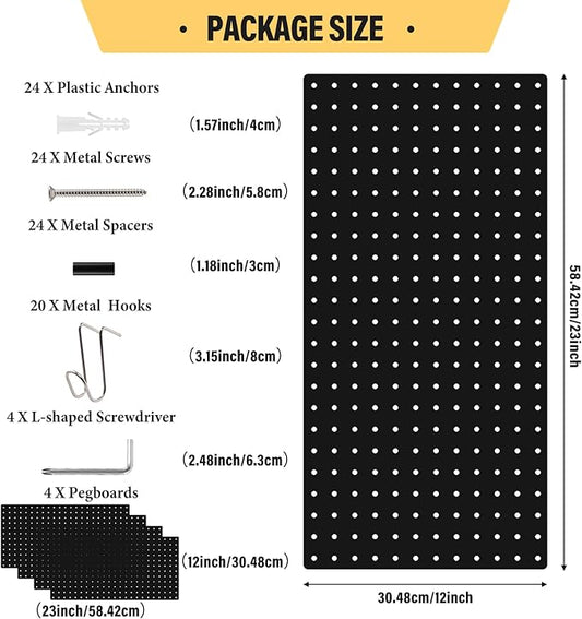 DEWEL Peg Board, 23" x 12" Metal Pegboard Wall Organizer Kit, 4 Pack Pegboard Panels with 20 Hooks,Black Pegboard Tool Wall Organizer System for Garage and Garden(4pcs black)