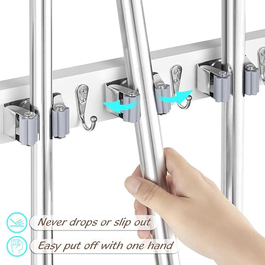 OUTNILI Mop and Broom Holder Wall Mount - White Broom Mop Hanger - Wall Mounted Garden Tool Rack Organizer for Closet Garage Laundry Room Kitchen Decor With 5 Slots & 4 Hooks