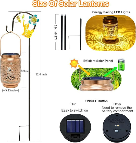 2 Pack Cat Solar Lanterns Outdoor Waterproof Solar Garden Decor, Birthday Gifts for Mothers Day Women Mom Grandma, Metal Hanging Lights with Shepherd Hook for Outside Yard Patio Pathway Backyard