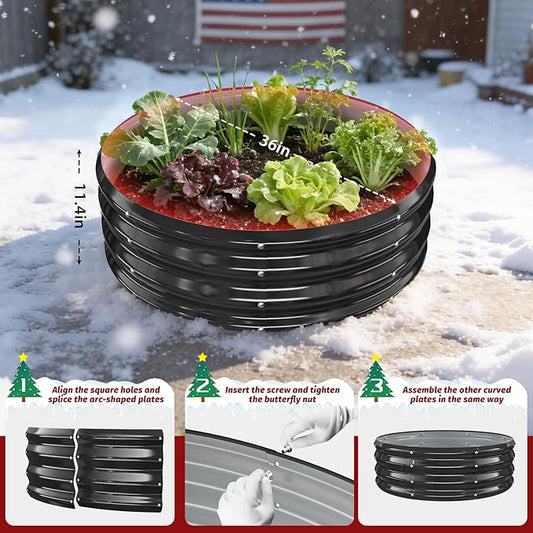 12 Inch Tall Heavy-Duty Round Steel Rised Garden Bed – Wave-Shaped Design Galvanized Metal Planter Box for Vegetables Flowers Succulent at Patio/Garden Outdoor (Black, 36" Diameter)