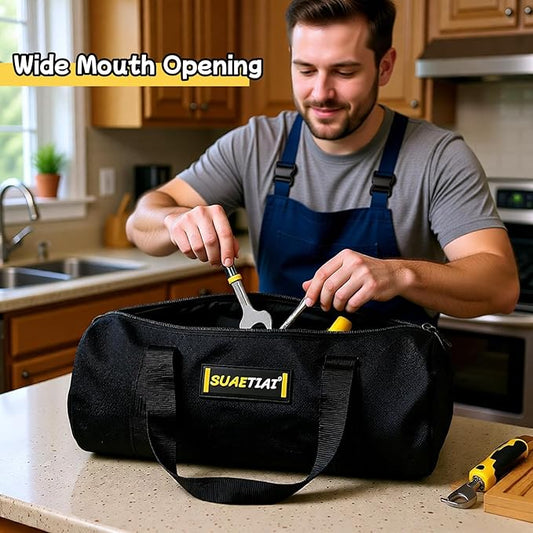 12 Inch Small Tool Bags for Men, Wide Mouth Zipper Storage Bag, Large Capacity Canvas Tool Tote Bag, Portable Multi-Function Tool bag for Storage Wrenches, Screwdrivers, Repair Tools (Black)