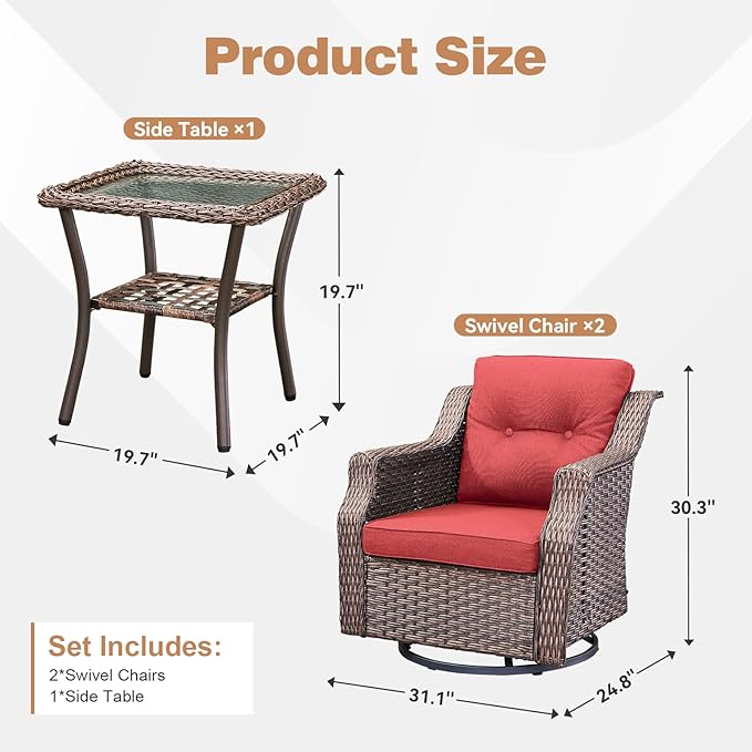 Patio Wicker Chairs Swivel Rocker-Outdoor Swivel Rocker Chair Set of 2 with All Weather Wicker Glider Rocker Set, PE Rattan Swivel Rocking Chair with Side Table for Yard Balcony Deck Porch Brown/Red