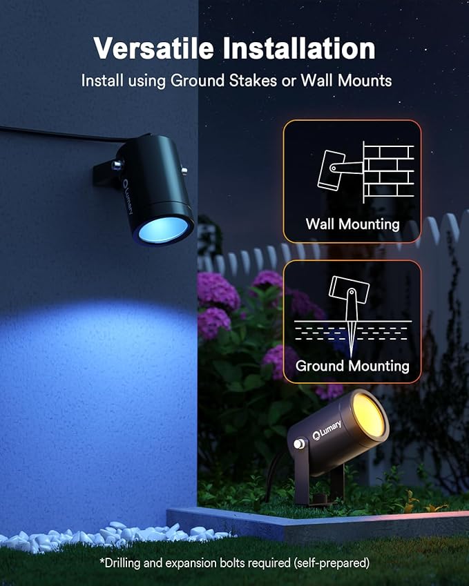 Lumary Smart Landscape Lights Pro 500LM, 6 Pack Color Changing Landscape Spotlights IP65 Waterproof, RGBAICW Low Voltage Outdoor Lights for Garden Yard and Pathway, APP/Remote/Voice Control, 65FT