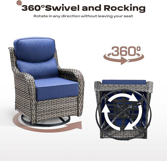 Rilyson 6 Piece Outdoor Patio Swivel Rocker Chairs, Waterproof Wicker, High Back, Deep Seating, Wide Armrest, Upgraded 6 inch Thick Cushions, Side Table, Ideal for Deck Porch Yard, Mixed Grey/Blue