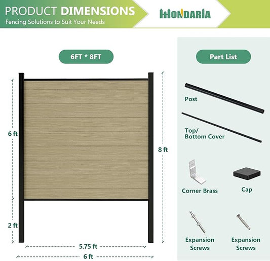 Mondaria Fence Privacy Screen with 8ft In-ground Posts, 6ft(H) x42ft(W) Wood Plastic Composite Fence Panels Weather-Resistant Outdoor Fence for Backyard/Garden (Ancient Wood, 8 Posts)