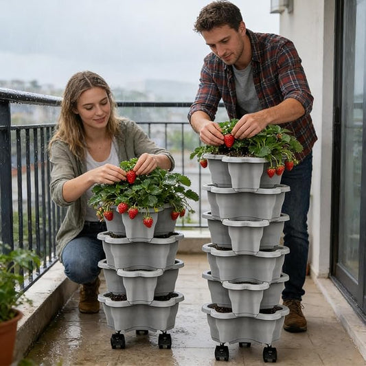 Vertical Planter 6 Tier Stackable Planter Garden Pots, Strawberry Vertical Pots, Stacking Tower Garden, Stackable Herb Flower Vegetable FlowerPots Indoor Outdoor with Removable Wheels