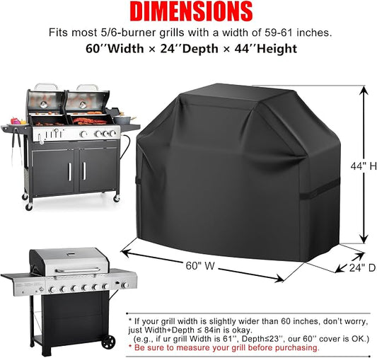 Grill Cover, 60 inch Heavy Duty BBQ Gas Grill Cover for Outdoor Grill, Waterproof, Weather Resistant, Anti-UV, Rip-Proof, Fade Resistant Barbecue Cover with Hook-and-Loop Straps for Most Grills