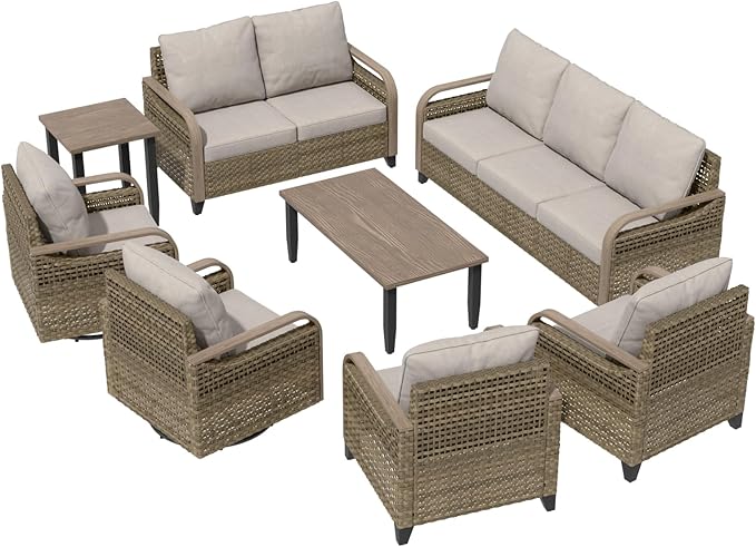 Modern Wicker Patio Furniture Set, Rattan Outdoor Conversation Set, 2 Patio Chairs, 2 Swivel Rocking Chairs, 3 Seat Couch, Loveseat, Coffee Table and Side Table, 8 Pieces, Brown/Gray