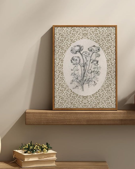 InSimSea Framed Canvas Prints Art Vintage Decor, Classical Neutral Floral Painting, Rustic Cottage Roses Flower Nursery Wall Art for Living Room Bedroom Home Bathroom Wall Decor, 12x16inch