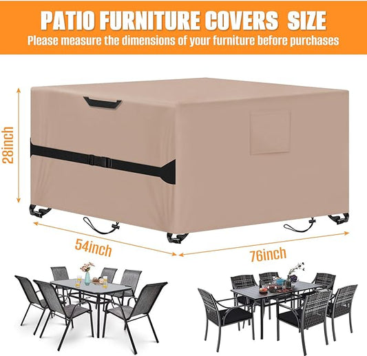 Kovshuiwe Rectangular Patio Heavy Duty Table Cover -Garden Furniture Covers for Shade and Rain, 600D Oxford Cloth Waterproof Outdoor Dining Table and Chairs Furniture Cover 76" L x 54" W x28 H,Khaki