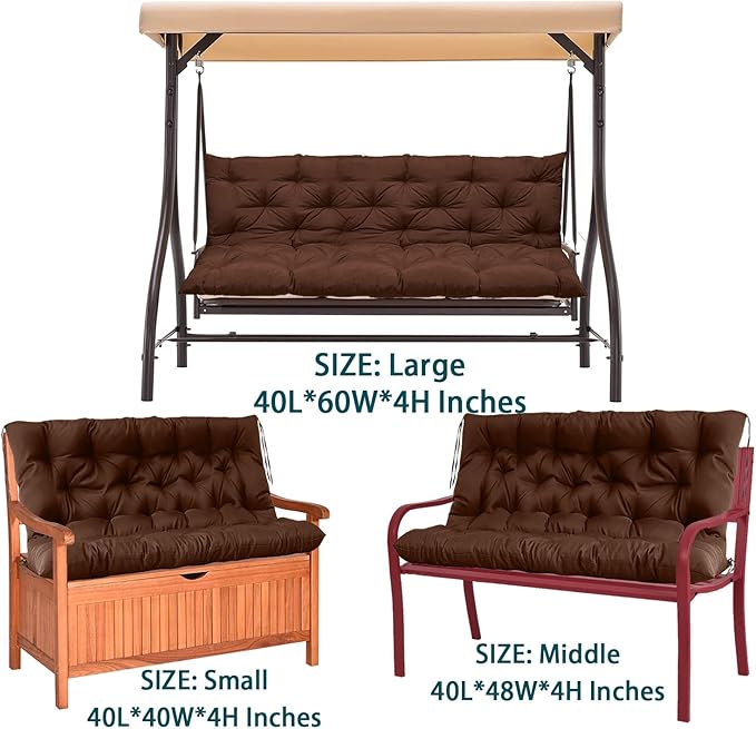 Swing Replacement Seat Cushions, 2-3 Seater Bench Cushions for Outdoor Furnitur with Backrest, Garden Recliner Seat Cushions Waterproof Sofa Pads (Brown, 40x40in)