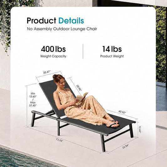 Ciokea Foldable Outdoor Lounge Chair Set of 4, No Assembly Aluminum Chaise Lounge Outdoor with 5-Positions, Aluminum Pool Lounge Chairs with Portable Design for Poolside, Beach, Deck, Patio, Grey
