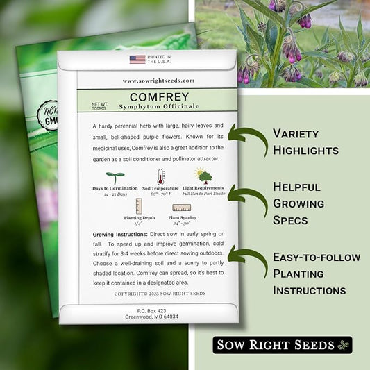 Sow Right Seeds - Comfrey Seeds for Planting - Non-GMO Heirloom - High-Yield Comfrey for Garden, Medicinal Herbs, and Soil Improvement - Outdoor or Indoor Herb Garden - Use for Home Remedies (4)