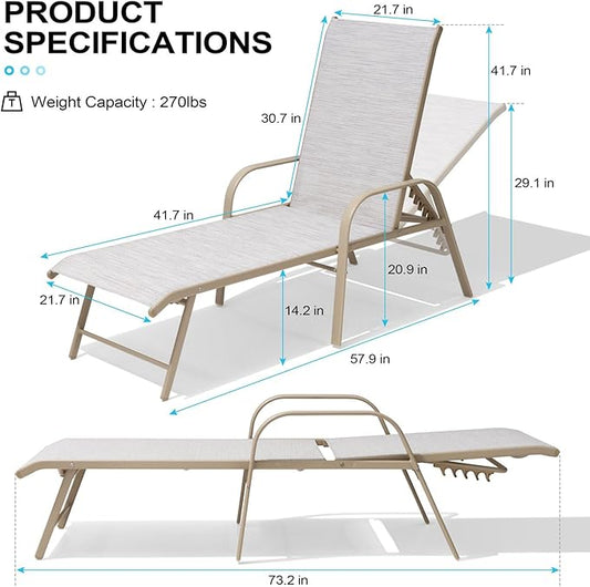 Crestlive Products Chaise Lounge Chair Outdoor with Armrests, Pool Lounge Chairs Set of 4, Aluminum Adjustable 5 Positions Sun Tanning Lounger for Patio, Poolside, Yard, Deck, Backyard (Mix Color)