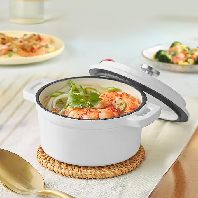 Flavehc Mini Cocotte 16 oz Mini Dutch Oven 0.5 qt. Cast Iron Garlic Roaster for Oven Garlic Confit Pot Ramekins with Lids Oven Safe Set of 2, White