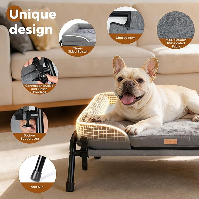 Lekereise Raised Outdoor Small Dog Bed Cot + Orthopedic Indoor Dog Sofa Bed, 2-in-1 Design,32 x 25 Inch Cooling Elevated Puppy Bed with Egg-Crate Orthopedic Foam Load 40lbs