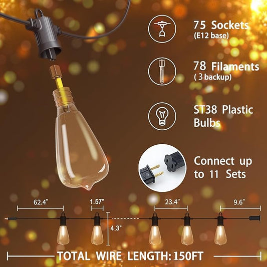 Outdoor String Lights 150ft, LED Patio Lights with 78 (75+3 Spare ST38 Shatterproof Bulbs), IP 65 Waterproof, Outside Hanging Light for Cafe Bistro Backyard (150 ft-78 Bulbs)