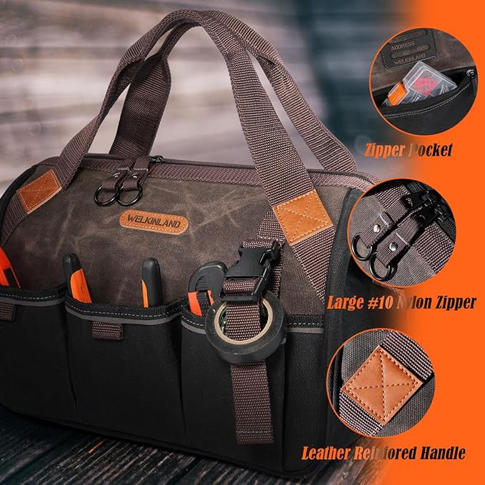 WELKINLAND 18 Pockets Electrician Tools Bag,14" Heavy Duty Plumber Tool Bags, Waxed Canvas Tools Bags, Large-Opening Tool Bags For Men, 25L Hand Tools Bag With Zipper