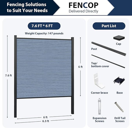 Privacy Fence Panels for Outside with 1 Post, 6' × 6' Windproof Composite Fence Cover Privacy, Garden Fencing Panel for Yard Pool Equipment Trash Can(Poured Concrete, Grey)