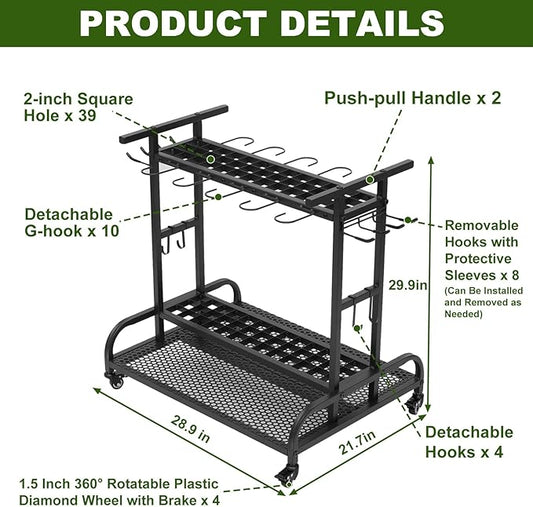 Garden Tool Organizer with Wheels, Large Capacity Garage Tool Rack with Hooks, for Broom, Shovel, Long Handled Tools, Metal Yard Tool Organizer for Garage, Shed, Outdoor