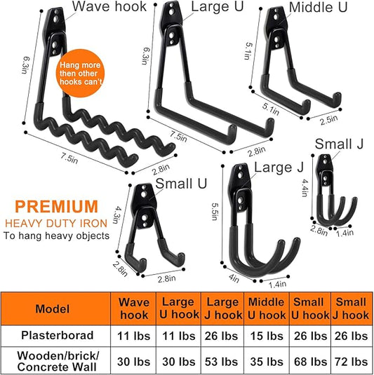 AOBEN 24PCS Garage Hooks, Heavy Duty Double Garage Hanger Organizer Wall Mount Iron Anti-Slip Garage Storage Hooks for Ladder, Power Tool,Bike,Ropes(23 Hooks & 1 hoder Strap-Black