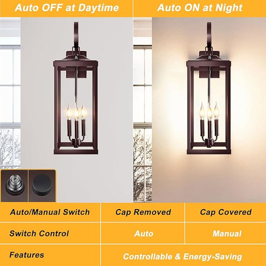 24" Extra Large Dusk to Dawn Outdoor Wall Light, Oil Rubbed Bronze 3-Light Waterproof Exterior Wall Mount Porch Lantern, Modern Outside Wall Sconce Coach Light Brown, E12, 1-Pack