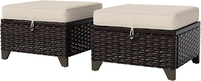 VistaVibe 2 Pieces Patio Wicker Ottomans, Luxurious Footstools, Outdoor Small Footrest, Wicker Furniture with Removable Cushions, All-Weather PE Rattan, Garden, Backyard, Porch(Brown/Beige)