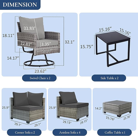 FHFO 10 Pieces Outdoor Patio Furniture Set with Swivel Chairs, Wicker Sectional Sofa Set Rattan Modular Patio Conversation with Cushions Couch & Coffee Table for Garden, Balcony, Porch, Grey-Grey
