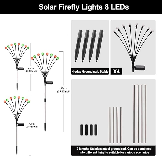 Solar Firefly Lights Red and Green, 4 Pack 800mAh Swaying Firefly Garden Lights Solar Powered Outdoor Waterproof for Yard Patio Lawn Pathway Walkway Stake Christmas Decor (Red & Green 4Pack)