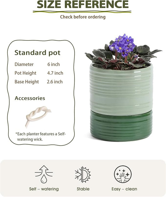Fayoula Self Watering Pots for Indoor Plants, 6 Inch Ceramic Self Watering Plant Pot, Planter Pot with Wick Rope and Drainage Hole for African Violet Succulent Herbs (Green Light)