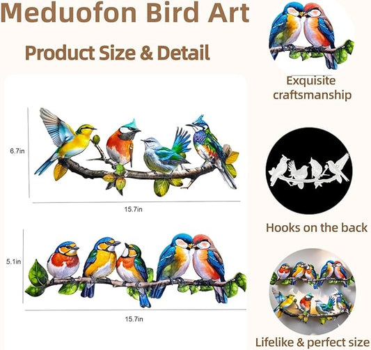 Meduofon Metal Birds Outdoor Wall Art Decor, Vivid Bird on Branch Hanging Leaves Metal Hummingbird Decor Suitable for Porch Fence Garden Outdoor Indoor Wall Decorations (2 Pack Birds Colorful)