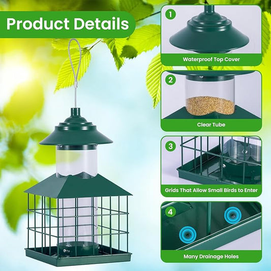 Squirrel Proof Bird Feeder, Hanging Metal Cage Bird Feeders for Outdoors, Weather Resistant Wild Bird Feeders with Finch Cardinal Chickadee, 3.4 LB Large Capacity,Green