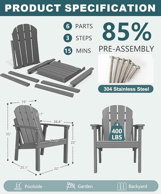 Adirondack Chair Set of 6, All Weather HDPE Fire Pit Chairs, Oversized Plastic Adirondack Chair for Outdoor, Balcony, Deck, Backyard, Patio, Garden, Poolside, Lawn Grey