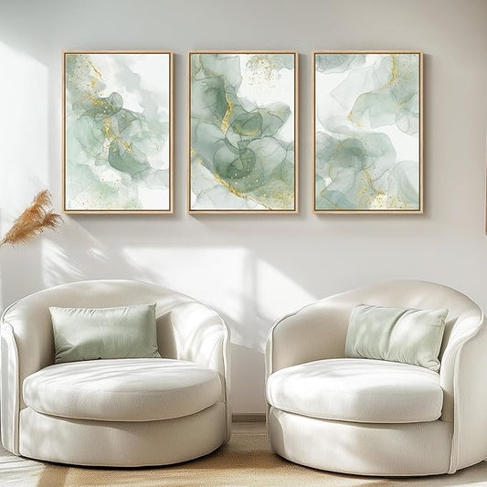 Framed Sage Green Abstract Wall Art, 3 Piece Modern Canvas Prints Paintings Artwork for Walls, Minimalist Green and Gold Abstract Art Pictures for Bedroom Living Room Dining Room Wall Decor 16x24 In