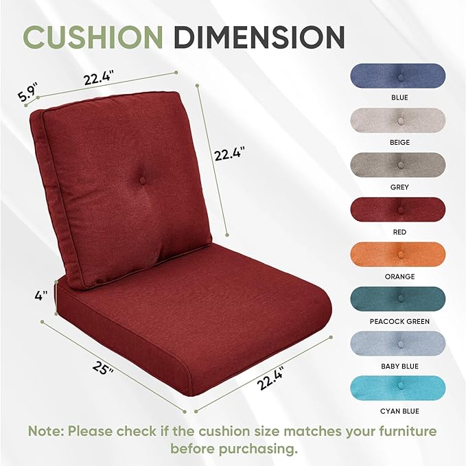 Outdoor Chair Cushion Set of 3, Waterproof Outdoor Seat Cushions 25x22, Patio Chair Cushions for Outdoor Furniture, Couch Cushion Replacement, Include 3 Back & 3 Seat Cushions, Button/Red
